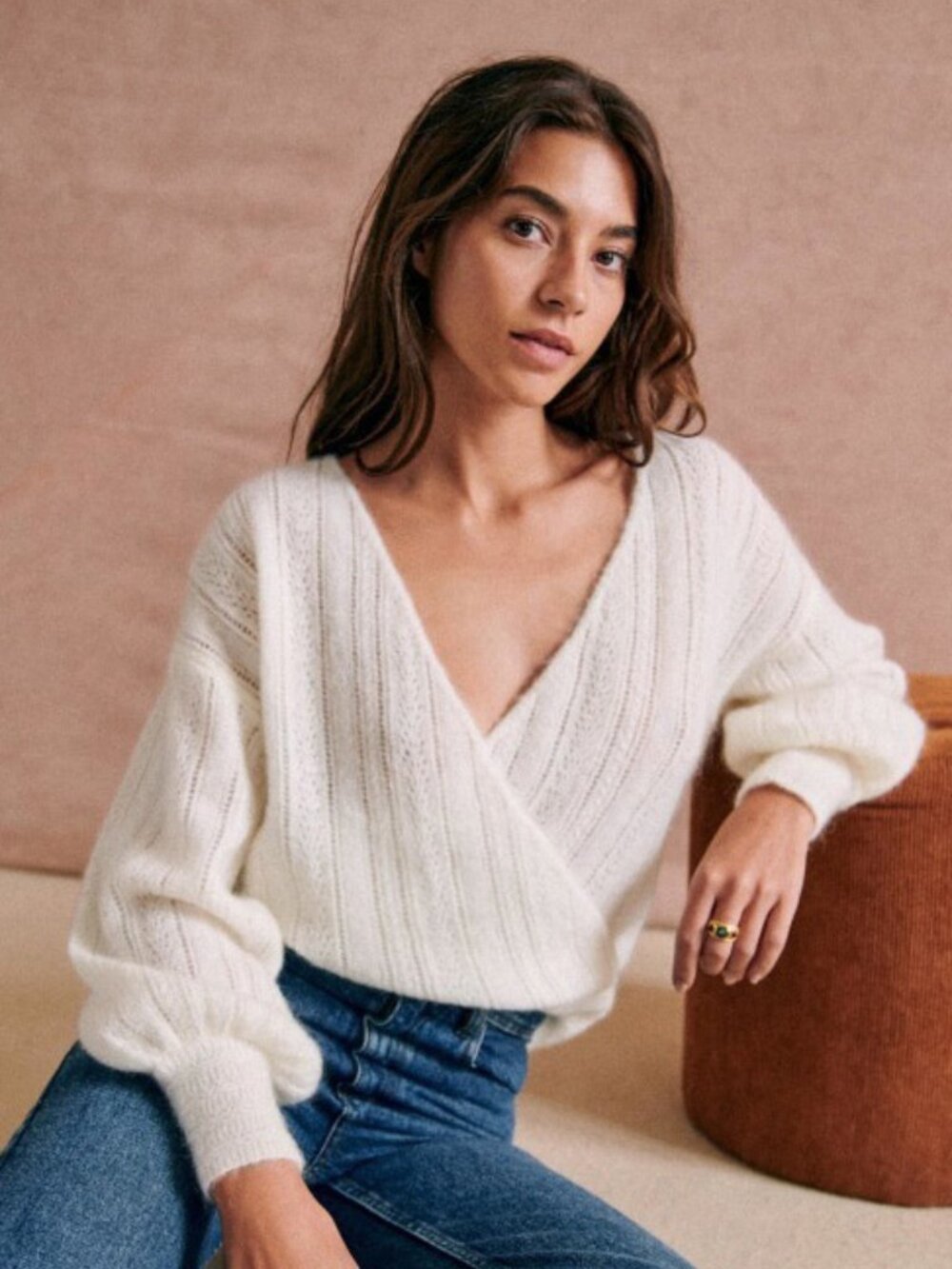 Like New Sezane Cristina Wool Mohair Surplice V-Neck Sweater Ecru XS